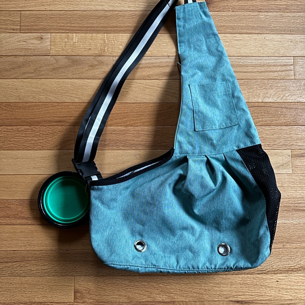 Teal Sling Dog Carrying Bag with Black and White Strap